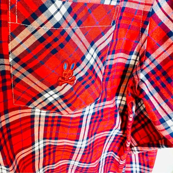 NEW PSYCHO BUNNY Blue Red White Plaid Flannel Print Button Long Sleeve Shirt M - Picture 9 of 9